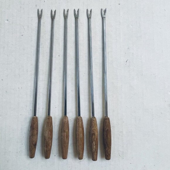 Rostfrei Fondue Forks Germany Stainless Steel 2 Prong Wood Handles Mid Century - Picture 1 of 5